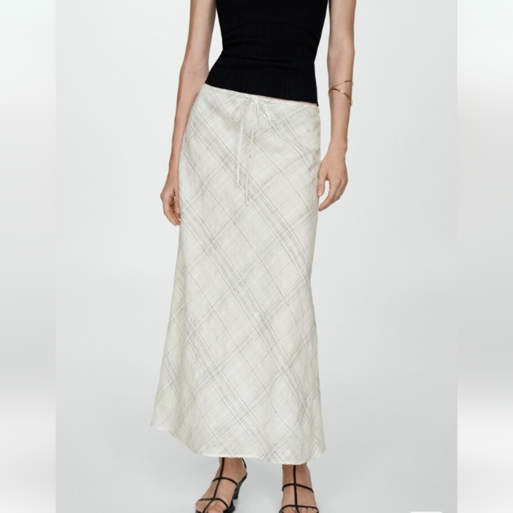 NWT Mango Linen Blend White With Black Print Maxi Skirt Size Medium